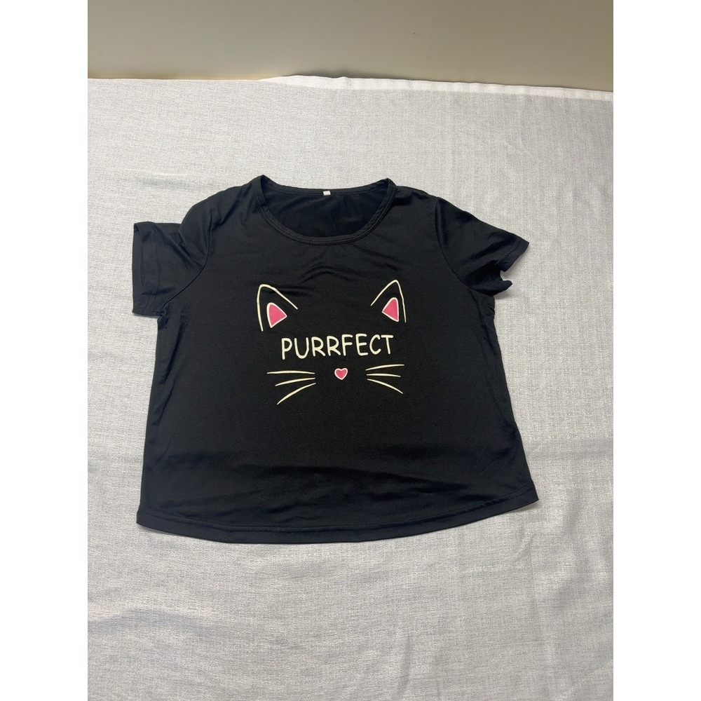 Womens Black Cat Face‎ Purrfect Graphic T Shirt Size S